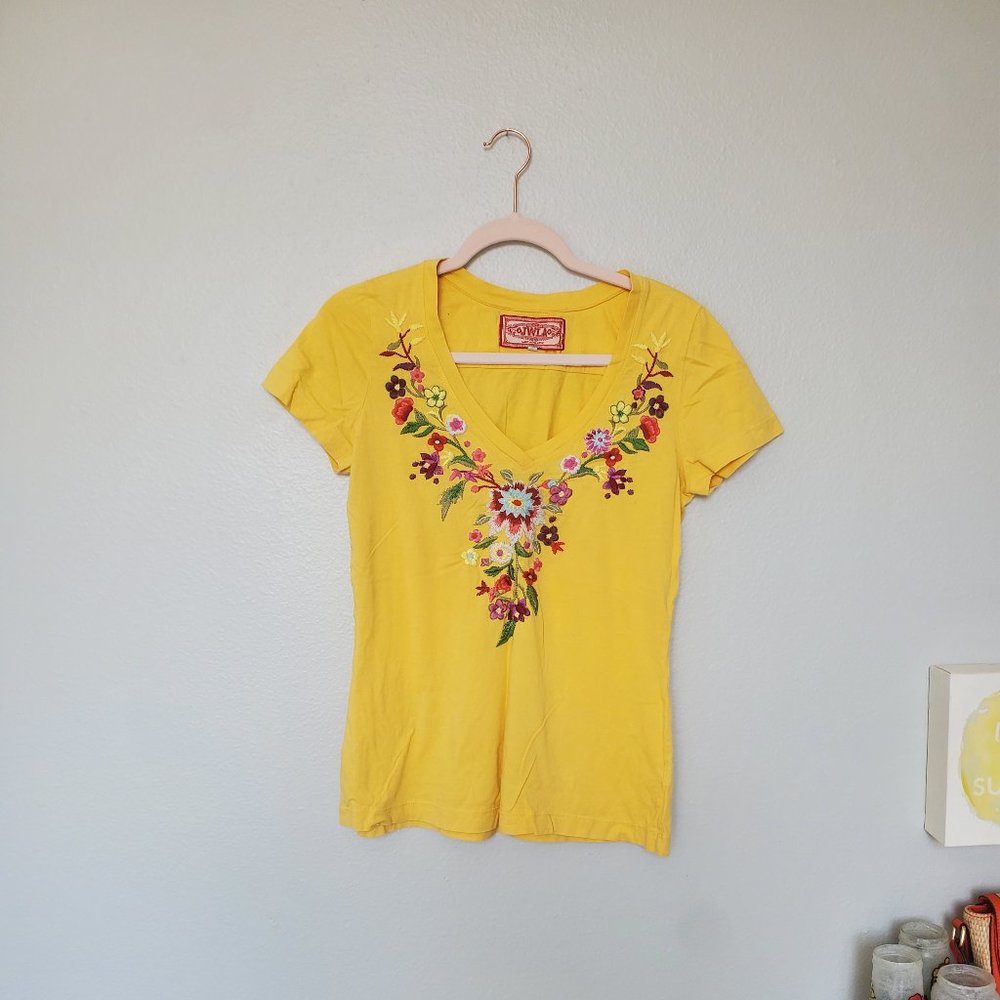 Johnny Was yellow floral embroidered t shirt
